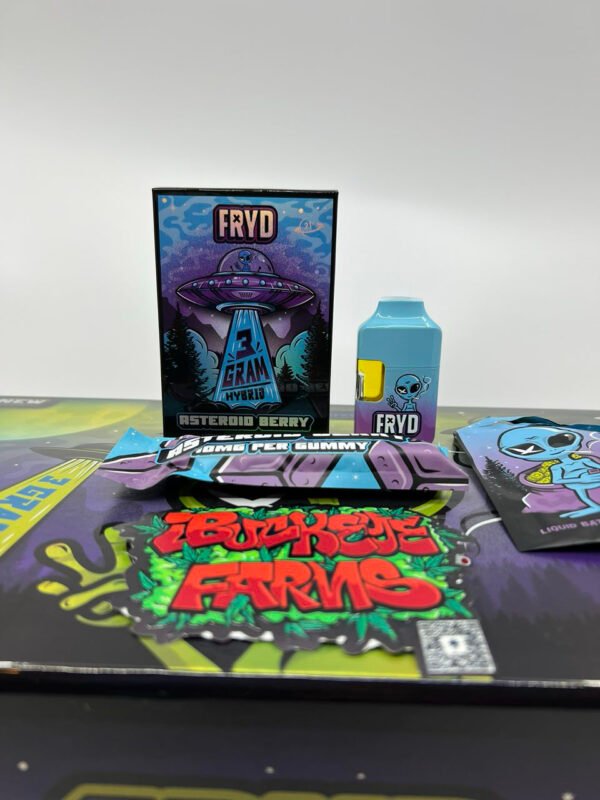 FRYD 3 GRAM DISPOSABLE WITH GUMMIES FRYD 3G disposable with gummies Asteroid Berry flavor packaging